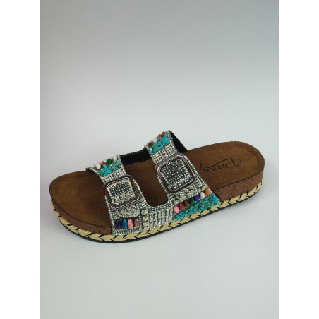 Pienn renkli taşlı hasır görünümlü çift tokalı kadın terlik