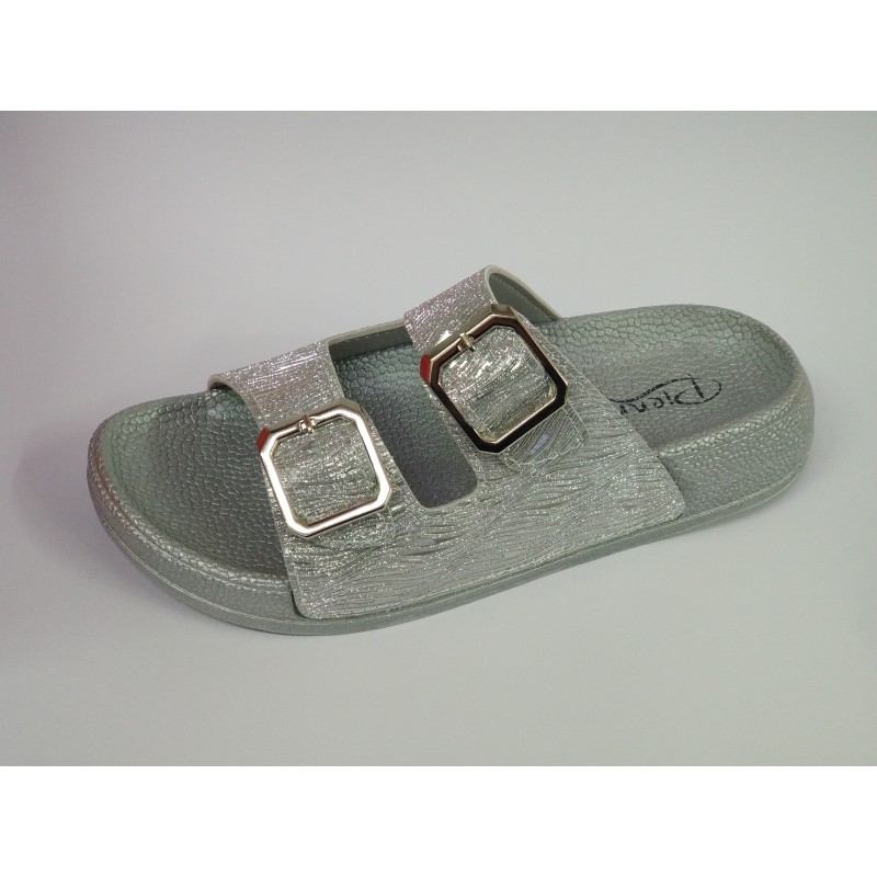 Pienn çift tokalı aynalı çizgili kadın terlik gümüş