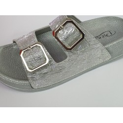 Pienn çift tokalı aynalı çizgili kadın terlik gümüş