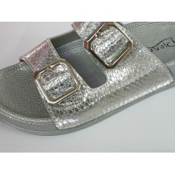 Pienn çift tokalı aynalı balık sırtı modeli kadın terlik gümüş