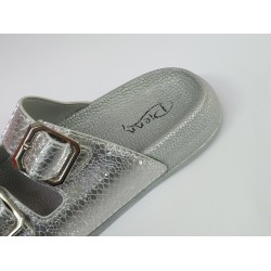 Pienn çift tokalı aynalı balık sırtı modeli kadın terlik gümüş