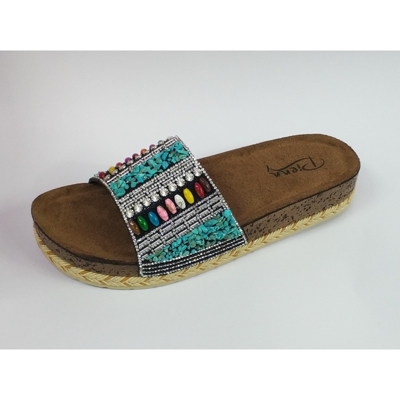 Pienn renkli taş detaylı hasır görünümlü tek bant kadın terlik