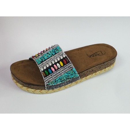 Pienn renkli taş detaylı hasır görünümlü tek bant kadın terlik