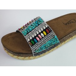 Pienn renkli taş detaylı hasır görünümlü tek bant kadın terlik