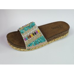 Pienn renkli taş detaylı hasır görünümlü tek bant kadın terlik pastel