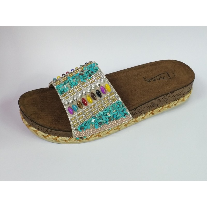 Pienn renkli taş detaylı hasır görünümlü tek bant kadın terlik pastel