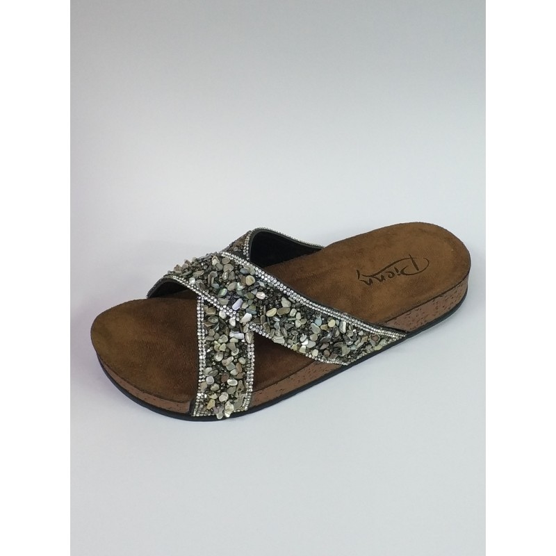 Pienn gümüş çakıl renkli çapraz kadın terlik