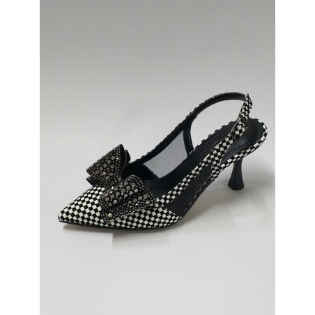 Paris taş kurdale detaylı siyah beyaz topuklu ayakkabı