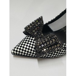 Paris taş kurdale detaylı siyah beyaz topuklu ayakkabı