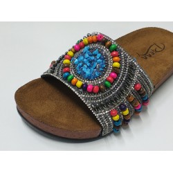 Pienn renkli boncuklu Ortopedik kadın terlik mavi çakıl taşı detaylı