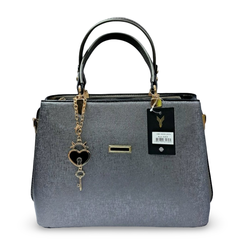 Label anahtarlıklı kadın kol çantası koyu gümüş