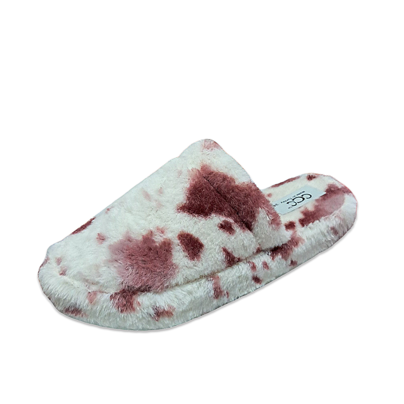 CCC inek desenli kadın yünlü kışlık terlik pembe-bej