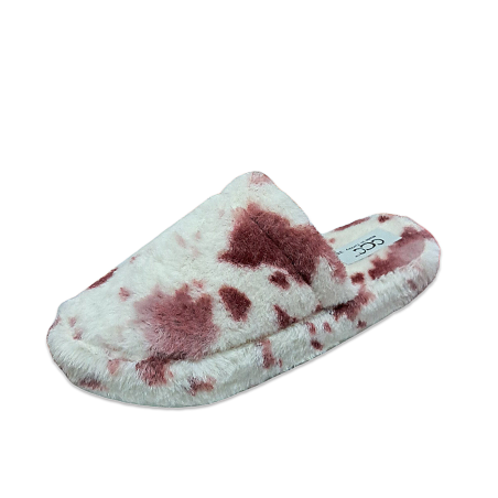 CCC inek desenli kadın yünlü kışlık terlik pembe-bej