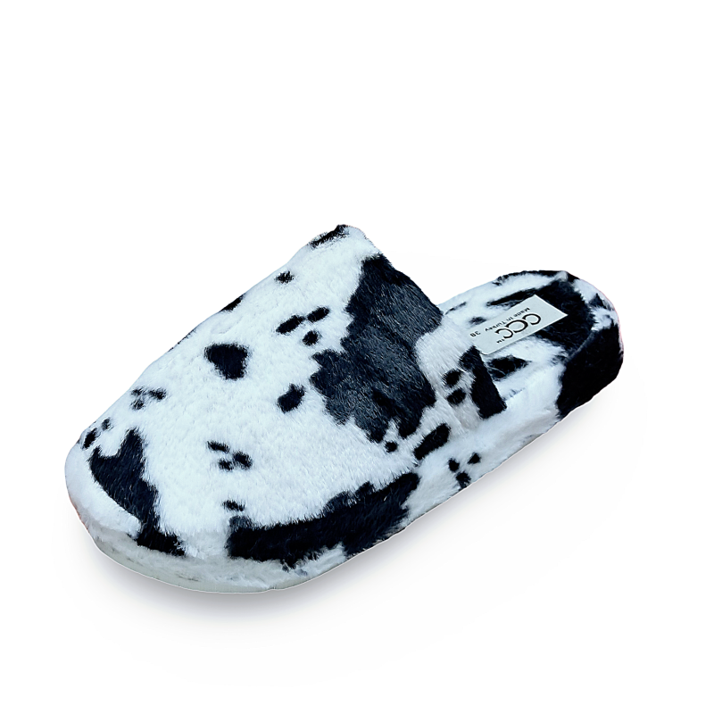 CCC inek desenli kadın yünlü kışlık terlik siyah-beyaz