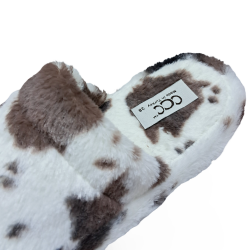 CCC inek desenli kadın yünlü kışlık terlik kahve-beyaz