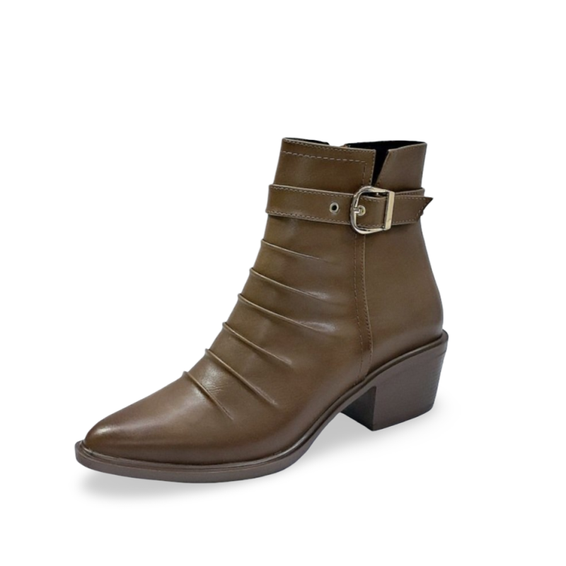 Paris kırışık görünümlü kemer detaylı kadın topuklu bot taba