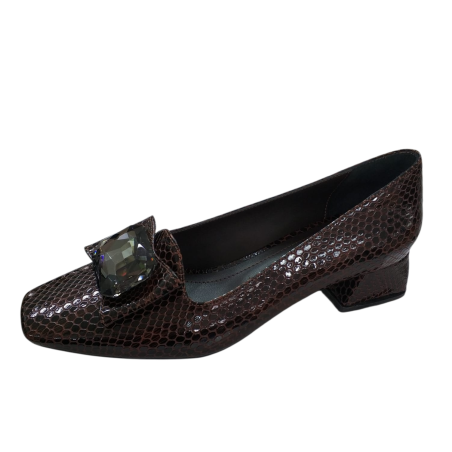 Paris petek görünümlü taş detaylı kadın topuklu ayakkabı kahverengi