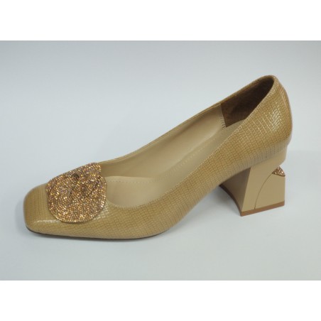 Paris topuğu taş detaylı kalın topuk ayakkabı bej