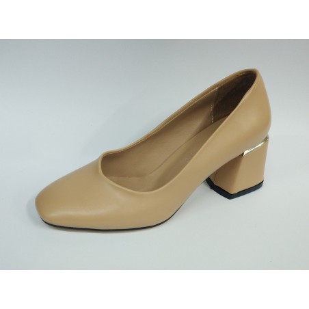 Nehir düz sade topuğu gold detaylı kadın topuklu ayakkabı bej