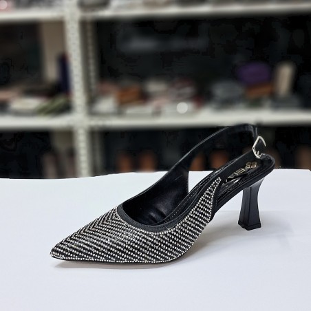 Elvan taş detaylı arkası açık kadın topuklu ayakkabı siyah