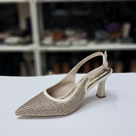 Elvan taş detaylı arkası açık kadın topuklu ayakkabı gold