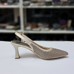 Elvan taş detaylı arkası açık kadın topuklu ayakkabı gold