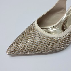 Elvan taş detaylı arkası açık kadın topuklu ayakkabı gold