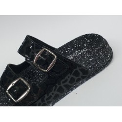 Polen çift tokalı desenli Ortopedik kadın terlik siyah