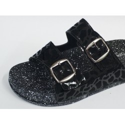 Polen çift tokalı desenli Ortopedik kadın terlik siyah