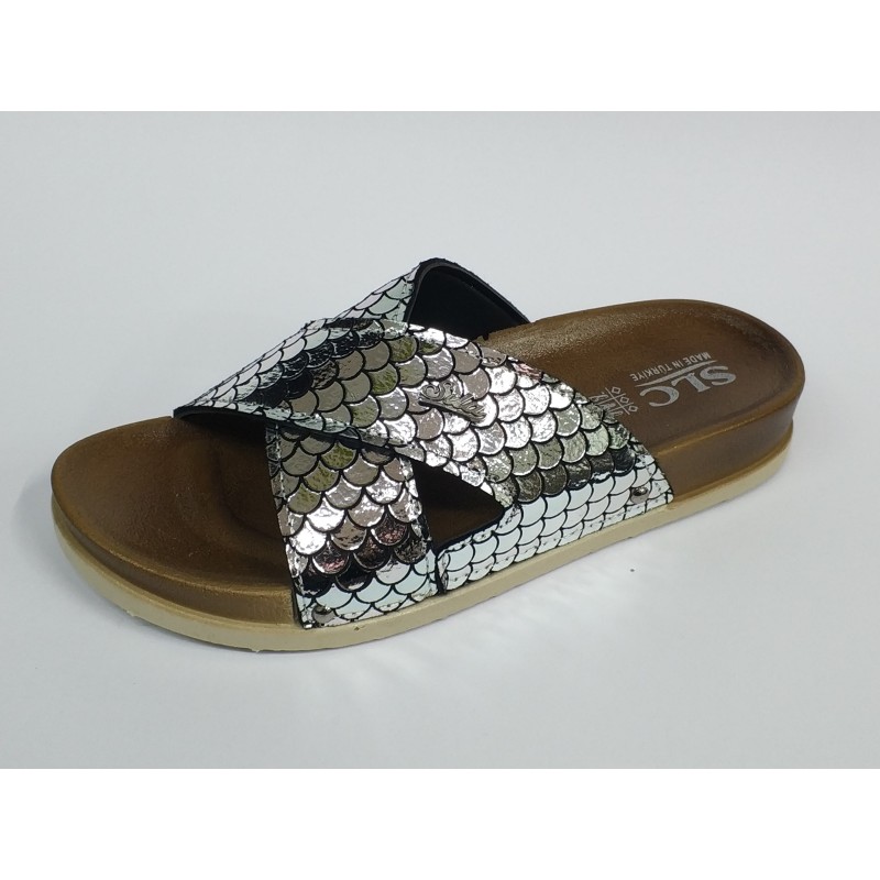 Slc çapraz bantlı balık sırtı detaylı kadın terlik gümüş