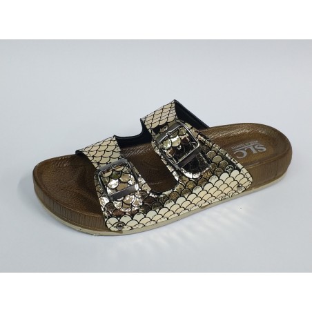 Slc çift tokalı balık sırtı detaylı kadın terlik gold