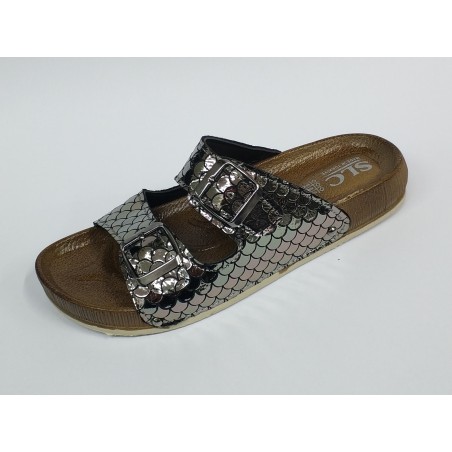 Slc çift tokalı balık sırtı detaylı kadın terlik gümüş