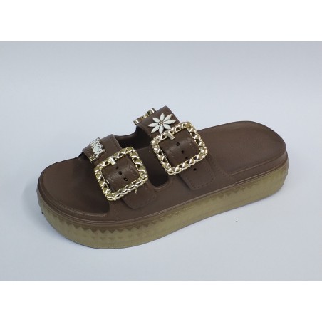 Gökçe çift tokalı kalın taban suya dayanıklı kadın terlik kahve