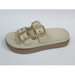 Gökçe çift tokalı kalın taban suya dayanıklı kadın terlik krem