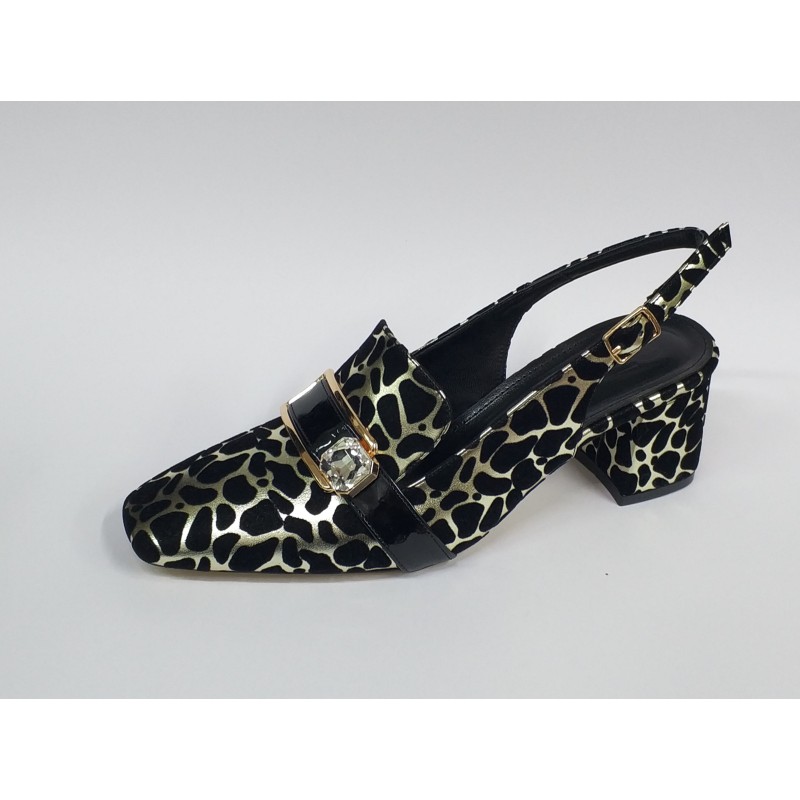 Paris altın siyah baskı arkası açık Topuklu ayakkabı siyah