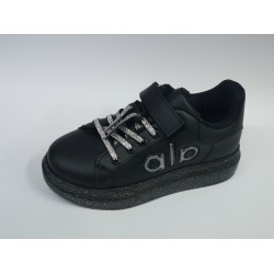 Minimass kız çocuk Ortopedik bağcık lastik detaylı simli taban spor ayakkabı siyah