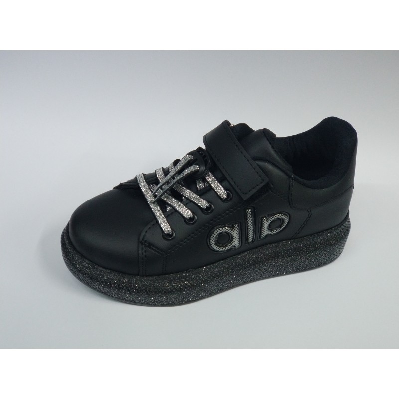 Minimass kız çocuk Ortopedik bağcık lastik detaylı simli taban spor ayakkabı siyah