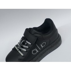 Minimass kız çocuk Ortopedik bağcık lastik detaylı simli taban spor ayakkabı siyah