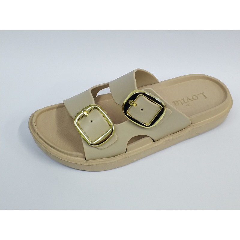 Lovita çift tokalı plastik kadın terlik bej