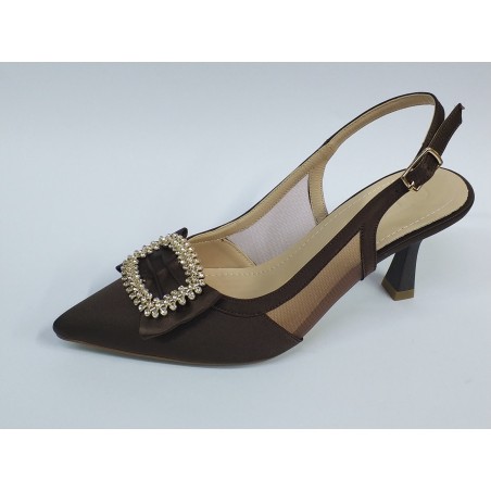 Paris saten kumaş gold toka detaylı Topuklu kadın ayakkabı kahverengi