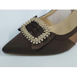 Paris saten kumaş gold toka detaylı Topuklu kadın ayakkabı kahverengi