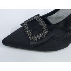 Paris saten kumaş gümüş toka detaylı Topuklu kadın ayakkabı siyah