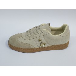 Şanzelize Ortopedik gold toka detaylı Bağcıklı kadın spor ayakkabı bej