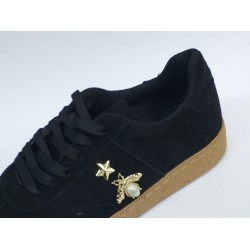 Şanzelize Ortopedik gold toka detaylı Bağcıklı kadın spor ayakkabı siyah