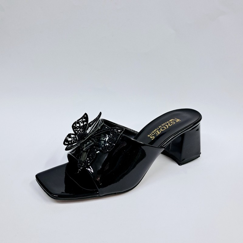 New Collection kelebek detaylı kadın topuklu terlik siyah