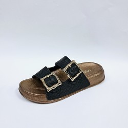 Polen hasır görünümlü çift tokalı kadın terlik siyah