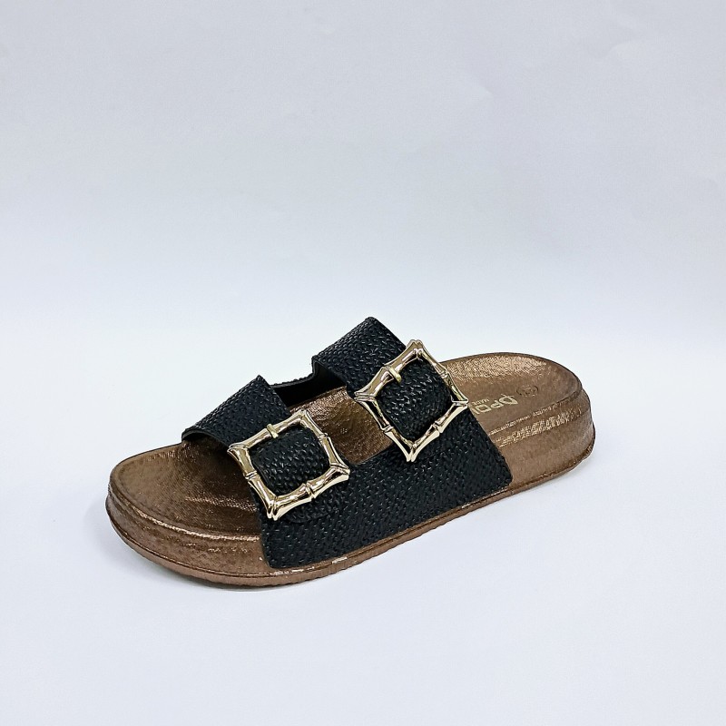 Polen hasır görünümlü çift tokalı kadın terlik siyah