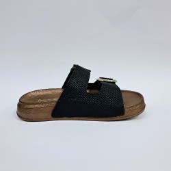 Polen hasır görünümlü çift tokalı kadın terlik siyah