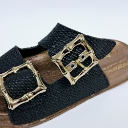 Polen hasır görünümlü çift tokalı kadın terlik siyah