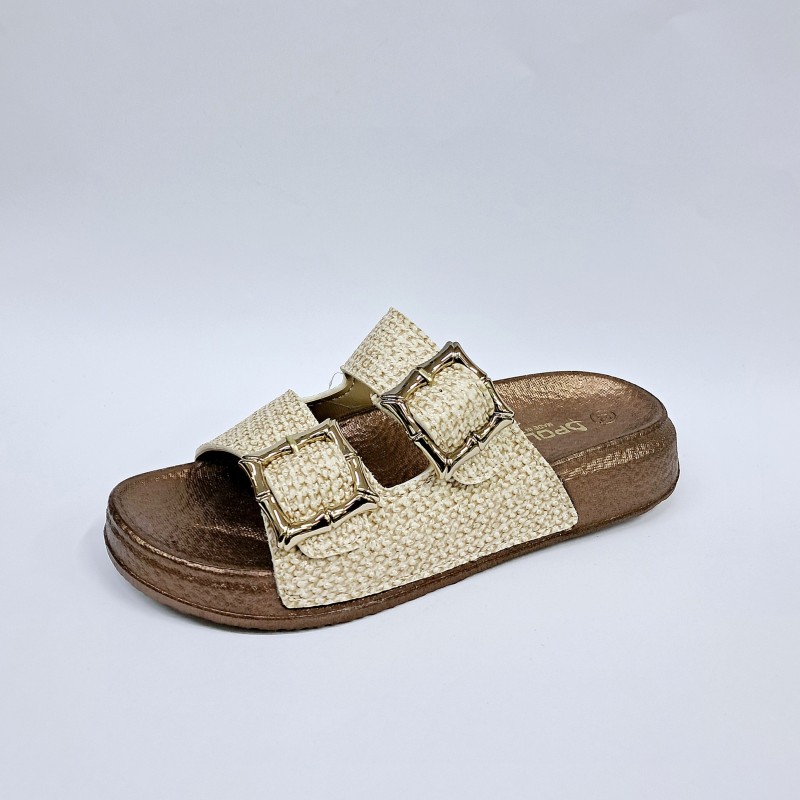 Polen hasır görünümlü çift tokalı kadın terlik bej